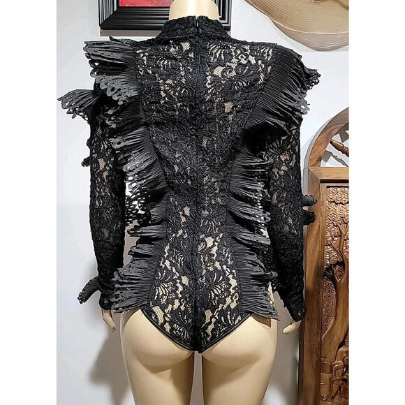 The Sang ~ Dramatic Ruffles Lace Black Size L Ladies Bodysuit Zip Back #01 - Picture 6 of 13